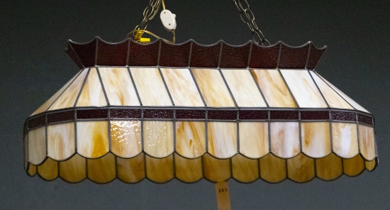 Leaded and stained glass Billiard Hanging Light Fixture, very good condition, measures 35" L x 13 1/