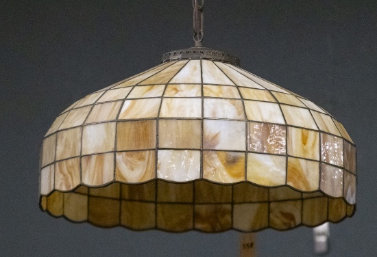 Leaded and stained glass domed Hanging Fixture, overall good condition, measures 21 1/2" Dia. x 11"