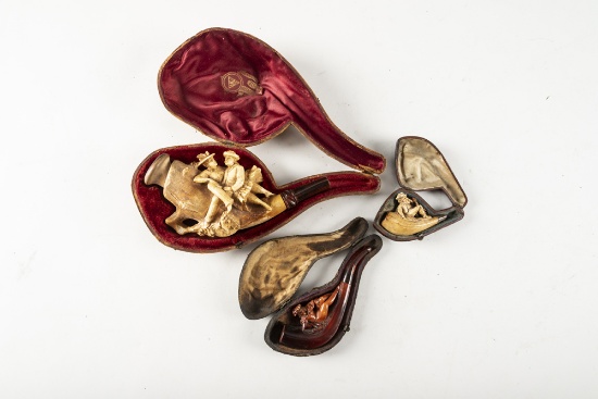 Collection of three (3) vintage Meerschaum & Meerschaum type figural Pipes. (1) The large pipe has a