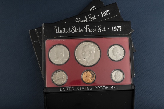 Group of five (5) uncirculated cased 1977 U.S. Proof Sets, totaling 30 coins. Each set contains 6 Co
