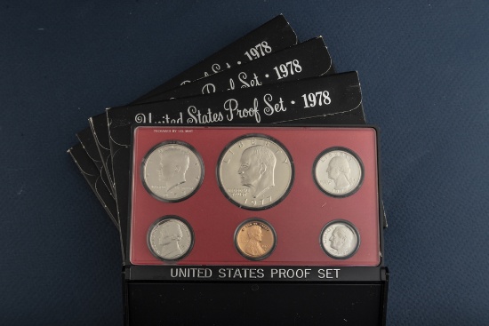 Group of five (5) uncirculated cased 1978 U.S. Proof Sets, totaling 30 coins. Each set contains 6 Co