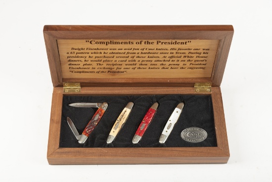 Cased Set of four Folding Pocket Knives made by Case marked "297/ Dwight Eisenhower". Marked on wood