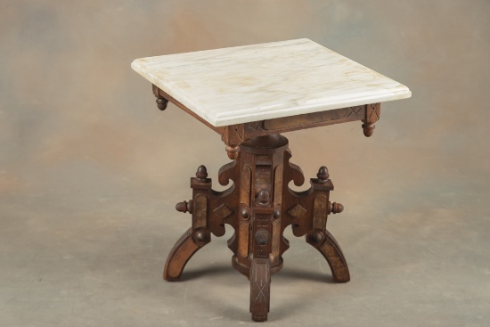 Unique small Victorian Table, circa 1890s, with revolving marble top, measures 19" T x 17 1/2" sq. t