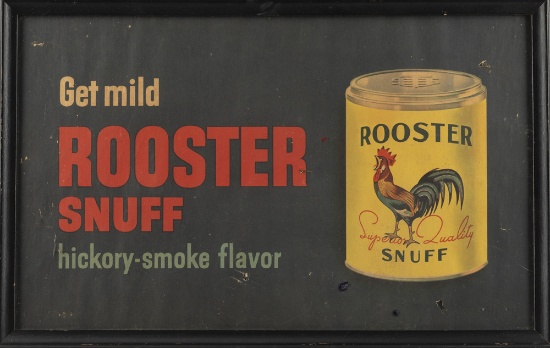 Framed vintage Paper Advertisement "Get Mild Rooster Snuff/hickory smoke flavor", has some light pap