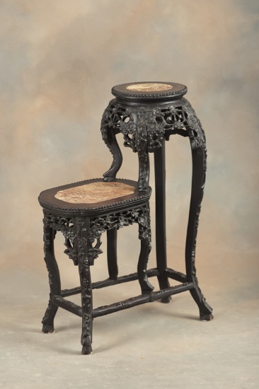 Most unusual oriental, carved teakwood two tiered Plant Stand with inlaid marble top, measures 32" T