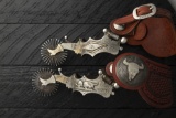 Lytle & Mower marked Spurs, incredible double mounted hand engraved with raised Longhorns on one sid