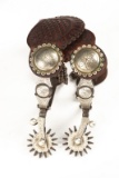 Beautiful pair of single mounted, silver overlay and hand engraved Spurs by Oregon Bit & Spur Maker