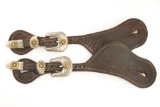 Fancy pair of vintage basket weave two-piece Spur Straps with gold and silver plated buckles and kee