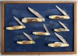 Set of seven (7) Double X Case Collectors Folding Blade Pocket Knives with polished stag handles. Th