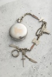 Antique large open face man's silver case Pocket Watch, with large gold bull overlaid on back. Watch