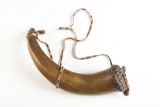 Early Steer Horn Powder Horn with unique spotted tack end cap, measures 17