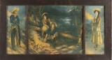 Antique framed tri-panel Western Lithograph of cowboy & cow girl, dated at lower right 1911, frame m