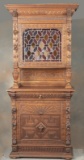 Beautiful antique leaded and stained glass, oak two-piece, step back Bar, in original finish and con