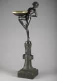 Heavy bronze figural Cigar Stand with green onyx removable ashtray that has small nick on outside ed