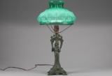 Antique Art Nouveau figural metal Table Lamp in original patina with 11