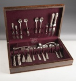 Partial set of Stieff Sterling Flatware in wooden box totaling 27 pieces. Some large serving pieces,