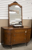 The matching bow front French Style Dresser and Mirror to the previous lot, circa 1920-30s, satin wo