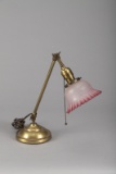 Vintage brass weighted base Desk Lamp with original etched cranberry, fluted 5 3/4