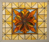 Antique stained and leaded glass Window with large jewel in center, circa 1890-1900, frame measures