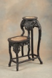 Most unusual oriental, carved teakwood two tiered Plant Stand with inlaid marble top, measures 32