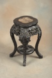 Carved oriental teakwood JardiniÃ¨re Stand with inlaid marble top, measures 20