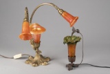 Two Art Glass Lamps. One is a single shade with Humming bird, measures 9 1/2