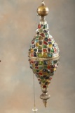 Unusual vintage, leaded & stained glass Hallway Hanging Fixture in brass frame, heavy jeweled staine