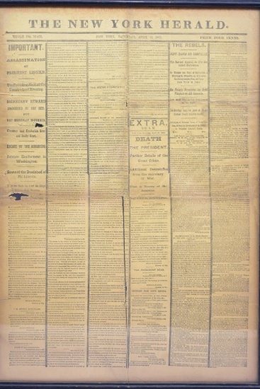 Framed "Assassination Of President Lincoln" NY Herald Front Page