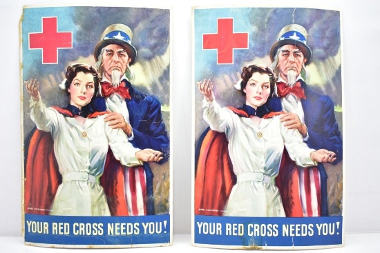 (2) WWII Uncle Sam "Your Red Cross Needs You" Cardboard Posters