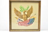 Antique Framed Hand Embroidered American Eagle Crest