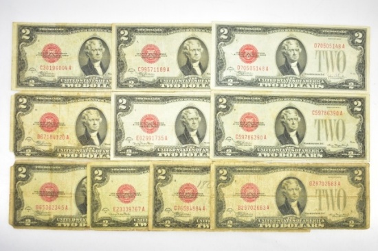 (10) 1928 "Red Seal" Two Dollar Federal Reserve Notes