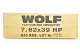 New Case Of Wolf 7.62X39 HP Ammunition - 640 Rounds