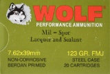 300 Rounds - Wolf 7.62x39mm Ammunition - Mil-Spec - Full Metal Jacket - 123 Grain