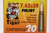 300 Rounds - Golden Tiger 7.62x39mm Ammunition - Full Metal Jacket BT - 124 grain