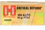 25 Rounds - Hornady Critical Defense 380 ACP Ammunition - FTX - 90 Grain