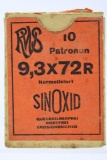 Vintage Ammo - 1 Partial Box - RWS - 9.3x72R Cal. - German Drilling Combination