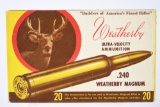 Vintage Ammo - 1 Full Box - Weatherby  - 240 Weatherby Magnum Cal. - 100 Grain