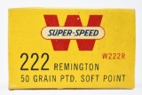 Vintage Ammo - 1 Full Box - Winchester  - 222 Rem. Cal. - Super Speed - Soft Point - 50 Grain
