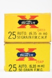 Vintage Ammo - 2 Full Boxes - Winchester Western - 25 Auto (6.35mm) Cal. - 50 Grain