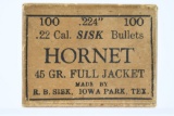 Vintage Bullets - 1 Full Box - R.B. Sisk - 22 Hornet Cal. - Full Jacket  - 45 Grain