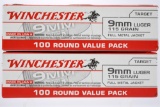 200 Rounds - Winchester USA 9mm Luger Ammunition - Full Metal Jacket - 115 Grain