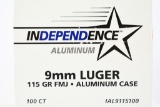 500 Rounds - Independence 9mm Luger Ammunition - Full Metal Jacket Alum. Case - 115 Grain