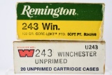 340 Rounds - Winchester/ Remington Empty Brass - 243 Winchester - Primed