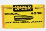 100 Bullets - Speer 6mm (243 Diameter) - 90 Grain Full Metal Jacket Boat Tail