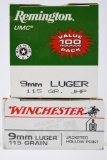 205 Rounds - Remington/ Winchester 9mm Luger Ammunition - JHP - 115 Grain