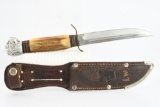 Vintage Solingen Hunting Knife  - Unsco - W/ Leather Sheath - Lion's Head Pommel
