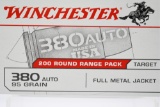200 Rounds - Winchester USA 380 Auto Ammunition - Full Metal Jacket - 95 Grain
