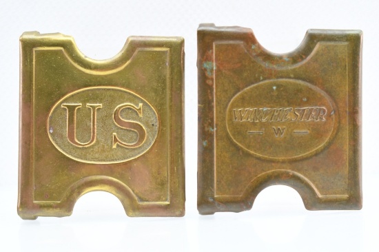 (2) Anson Mills (Pat. 1881) Brass Belt Buckles - Winchester/ U.S. - For Ammo Belts