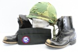 Named - Korean/ Vietnam War Veteran Items: Helmet, Garrison Cap & Boots