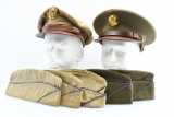 Named - (2) WWII U.S. Army EM/NCO Visor Caps & (5) Garrison Caps
